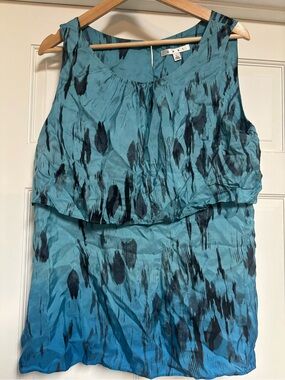 Cabi Serene Silk Ombre Layered Popover Tank Blouse Teal Blue Black Brushstro